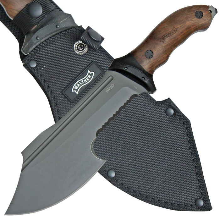 Walther, Outdoormesser, partieller Wellenschliff, G10/Walnussholz Griff, Scheide